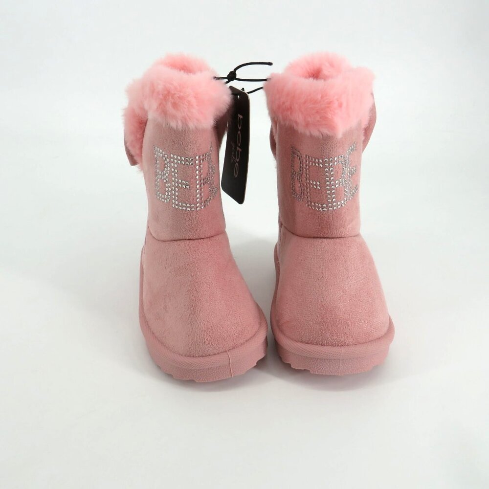 Bebe Girls Faux Suede Faux Fur Pink Boots Rhinestone Logo Size 6 NWT $42